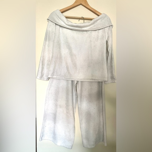 Zara Glitter Textured Wide-Leg pants Medium and sweater Larger Set White Women's - Picture 11 of 16